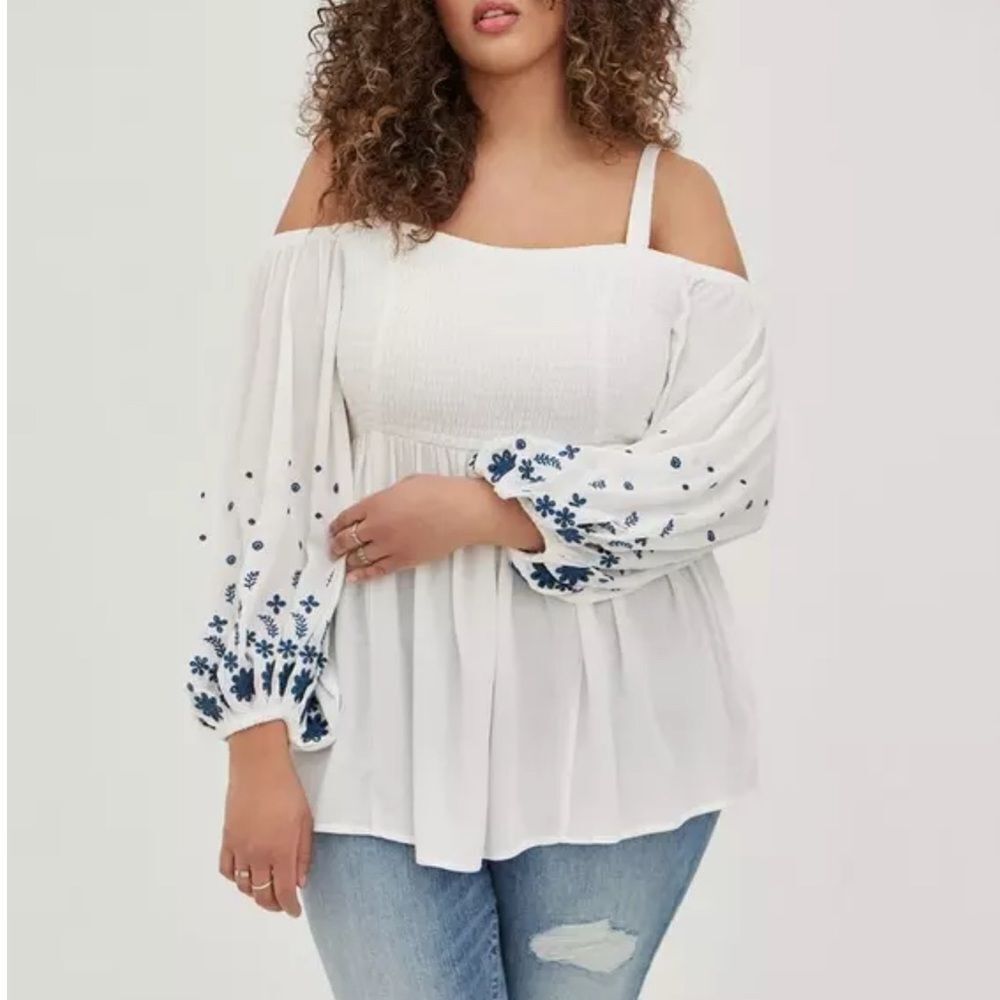 White Gauze Blue Embroidered Smocked Cold Shoulder